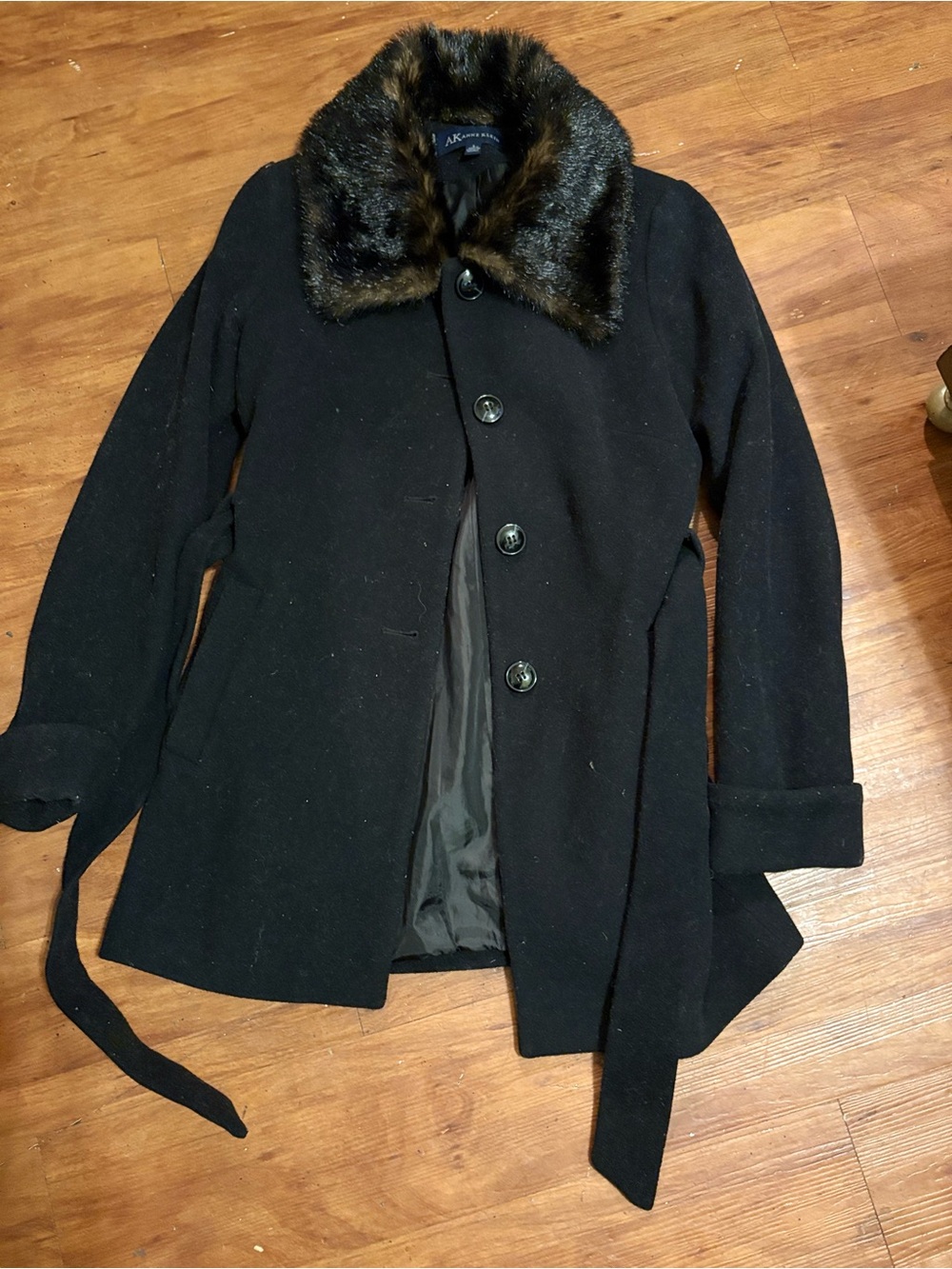 Anne Klein Black Wool-Blend Pea Coat with Faux Fur Collar